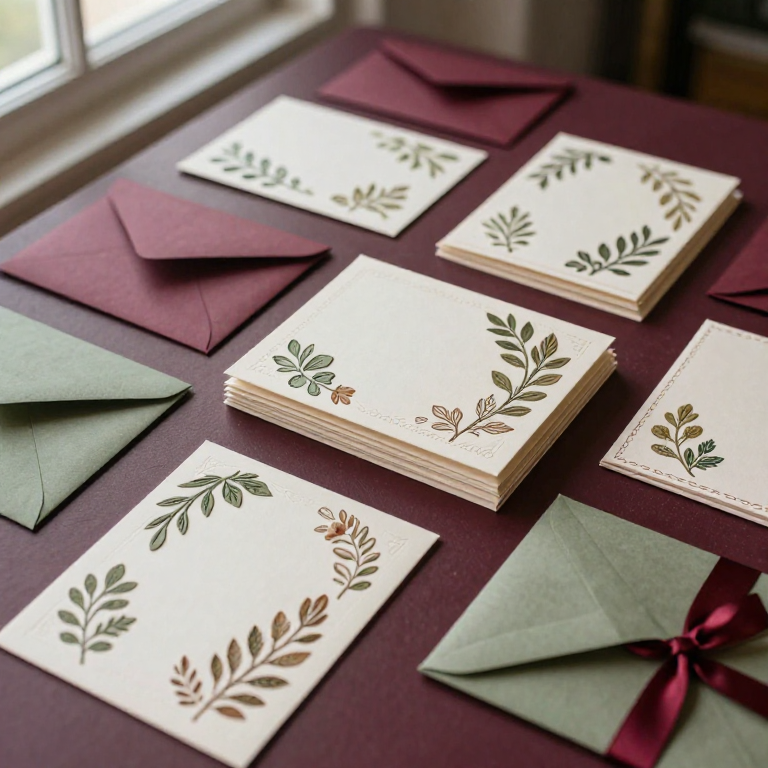 Representative concept photograph of handmade botanical cards and coordinating envelopes